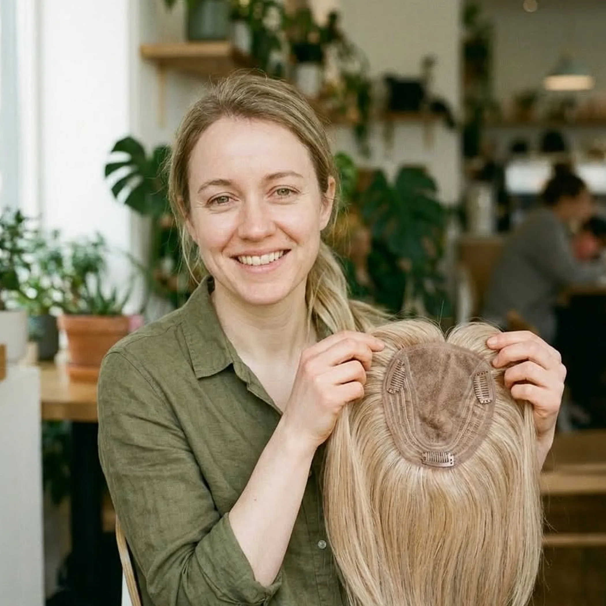 hair topper application close-up